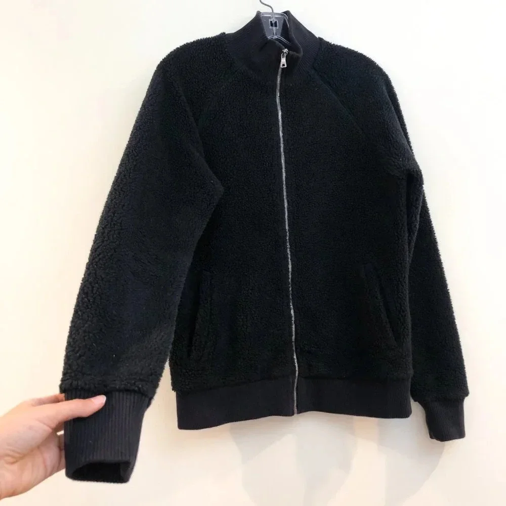 Mr. P Black Faux Shearling Full Zip Designer Bomber Jacket Men's Small